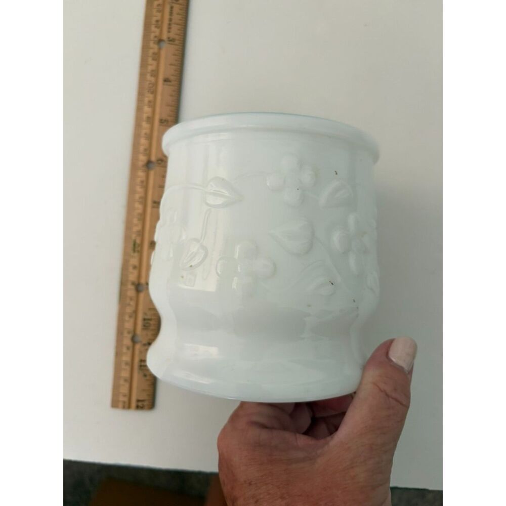 vtg. opaque white milk glass planter with embossed floral pattern